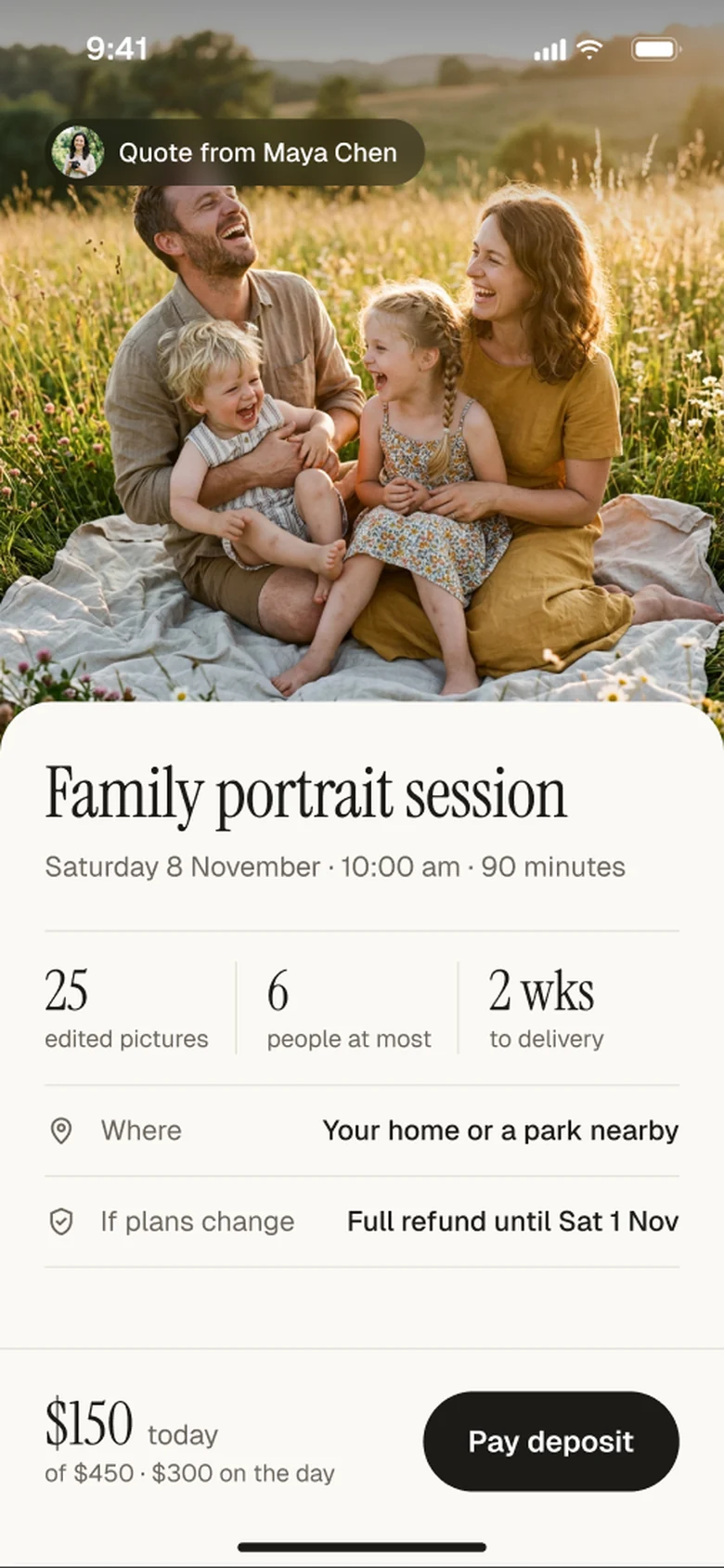 Direction A, Studio journal: a full-bleed family photo, an editorial serif title and a cream sheet with the details.