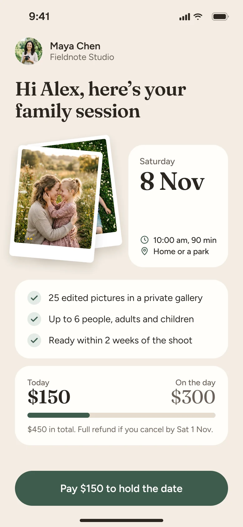 Direction C, Keepsake: a warm, personal quote with tilted prints, a date card and a green button.