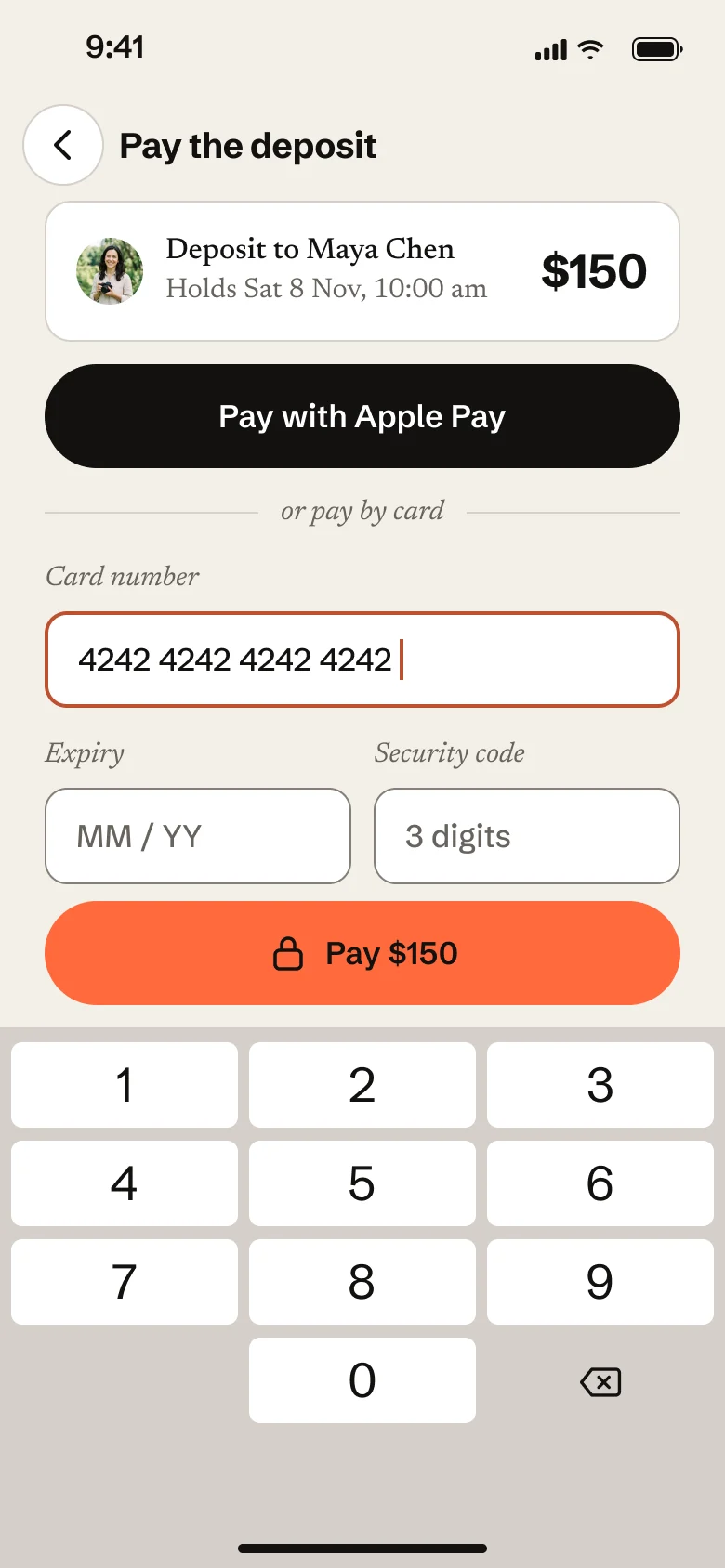 The same payment screen in the light theme, on a warm off-white background.